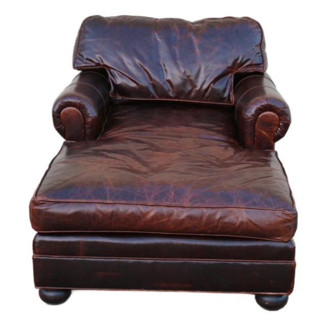 Vintage Old Hickory Tannery Brown Leather Chaise Lounge Chair, Feather Cushions For Sale
