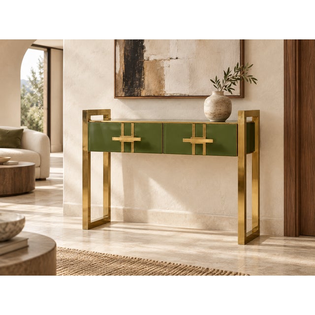 Gold Olive Green Murano Glass Console Table with Brass Accents from Justfurnituress SRL For Sale - Image 8 of 11