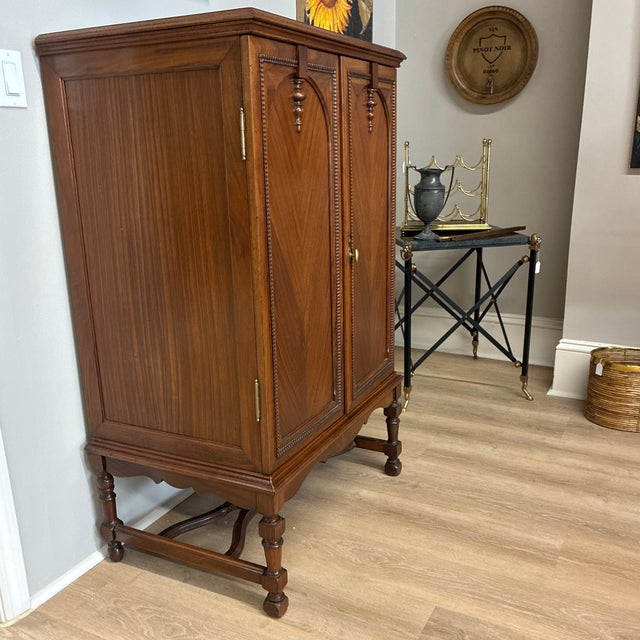 Wood Rare 1940’s Hollywood Regency Bar Cabinet With Ice Box Drawer With Cut Outs for Glassware and Bar Tools For Sale - Image 7 of 11