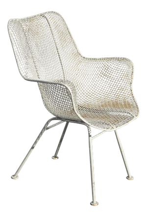 Vintage Russell Woodard White Wrought Iron W Steel Mesh Lounge Sculptura Chair