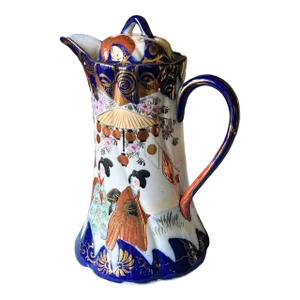 Vintage Japan Chocolate Pot Giesha Themed Hand Painted Blue & White