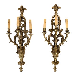 1910s Neoclassical Style Bronze Three Arm Wall Sconce Lights- A Pair For Sale