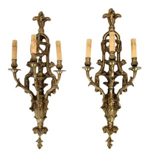 1910s Neoclassical Style Bronze Three Arm Wall Sconce Lights- A Pair