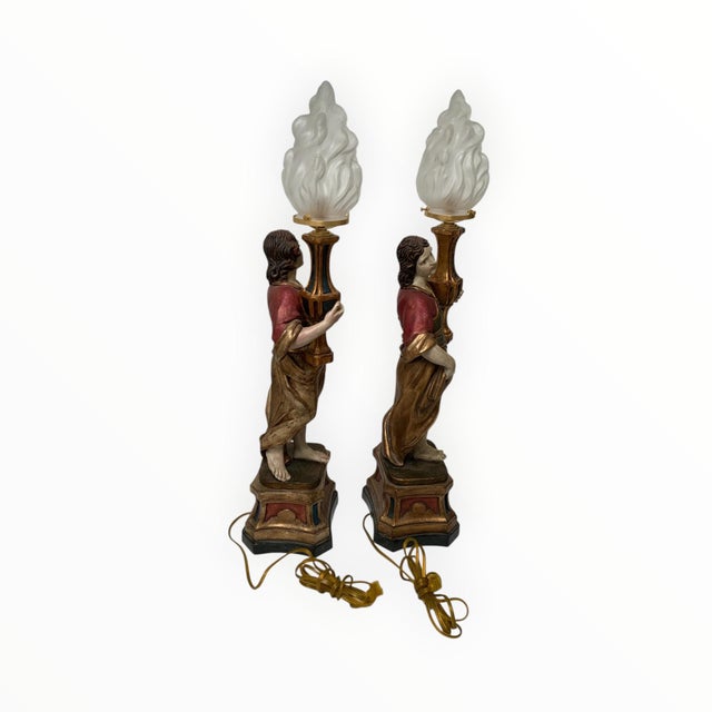 Wood Vintage Maitland-Smith Italian Baroque Style Figural Table Lamps - a Pair For Sale - Image 7 of 8