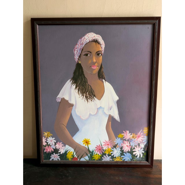 Original 1993 Folk Art Acrylic Painting Woman With Flowers Caribbean Style Portrait For Sale - Image 9 of 9