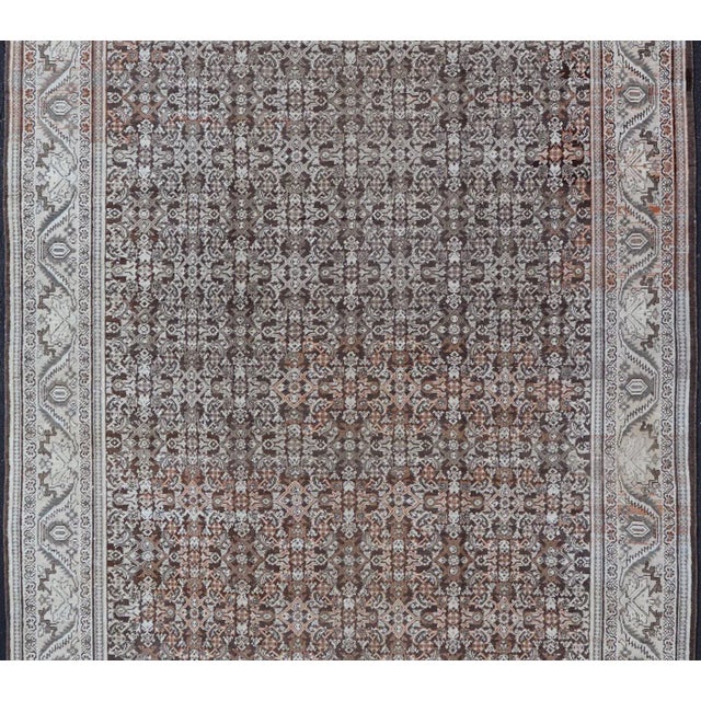Tribal Antique Mahal Persian Carpet With All-Over Herati Design in Ivory, Gray & Brown 10'4 X 17'3 For Sale - Image 3 of 16