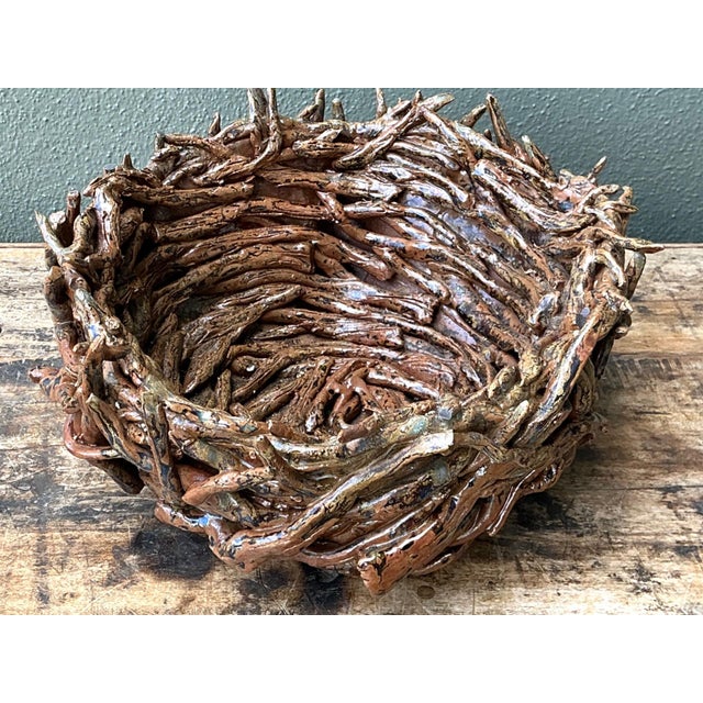 Brown Vintage Rustic Brown Ceramic Twig Bowl For Sale - Image 8 of 13