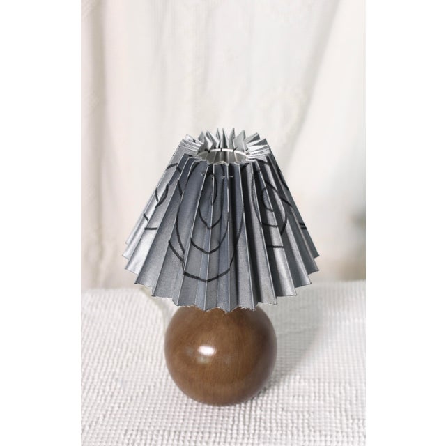 Small Contemporary Wooden Orb Table Lamp With Blue Pleated Shade For Sale - Image 6 of 7