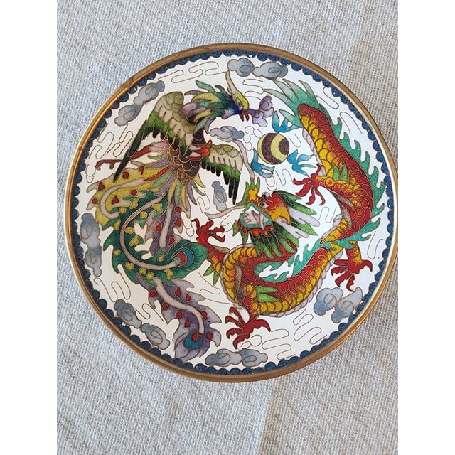 Chinese Enamel Cloisonne 6in Plate. Dragon and Phoenix With Square Marking on Back. For Sale - Image 4 of 5