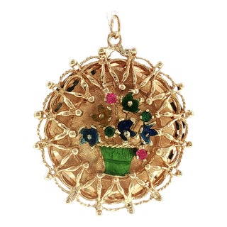 1960's 14 Karat Yellow Gold Flower Basket Charm With Synthetic Birthstones For Sale