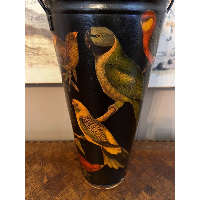 Vintage English Planter Jardiniere Urn Bird Decoupage Black Tole Aviary Décor For Sale - Image 10 of 18