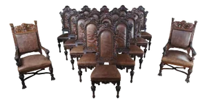 Mid 19th Century Antique Italian Renaissance Figural Mahogany Leather Dining Chairs - Set of 18