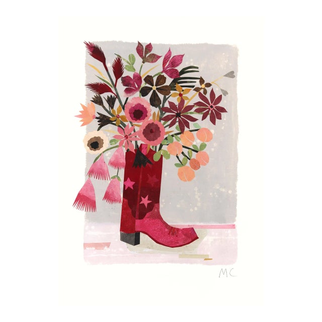 Howdy! (Pink Stars) - Collage Floral Whimsical Still Life Original Artwork by Maria C Bernhardsson For Sale
