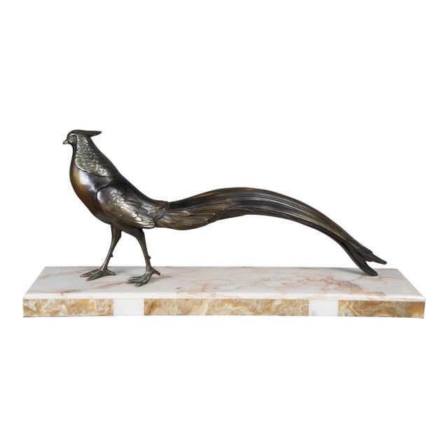 1920s Antique French Art Deco Bronze Pheasant Sculpture Marble Plinth Statue For Sale
