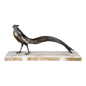1920s Antique French Art Deco Bronze Pheasant Sculpture Marble Plinth Statue