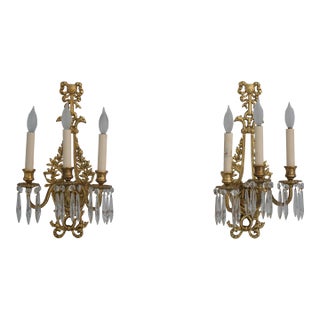 Pair Brass Lighted Wall Sconces W. Prisms For Sale