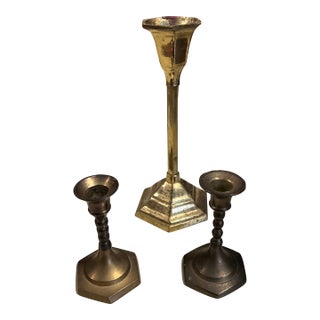 1970s Trio of Brass Candlestick Holder With Spiral Accents For Sale