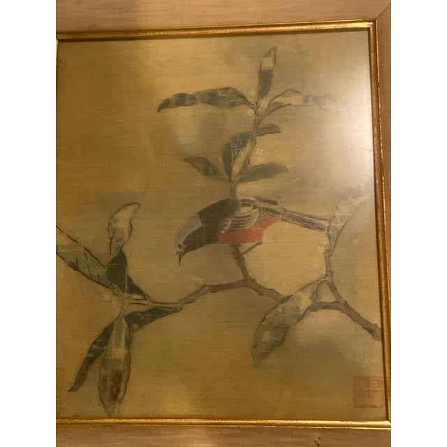 Antique Chinese Export Silk Bird Painting on Branch – Early 20th Century – Framed For Sale - Image 4 of 12