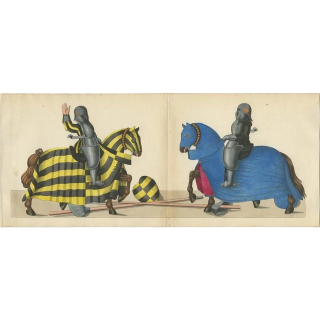 19th-Century Hand-Coloured Jousting Print: Knights on Striped and Starry Caparisoned Horses This splendid original hand-...