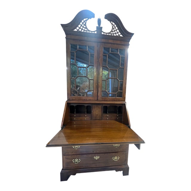 1980s Drexel Heritage Royal Court Secretary Desk With Glass Front Bookshelf For Sale