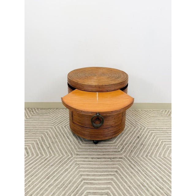 Late 20th Century Pencil Reed Ribbed Round Rolling Side Table Drawer Gabriella Crespi Style For Sale - Image 9 of 9