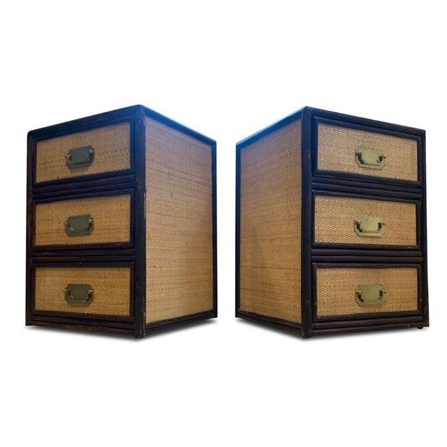 1950s Mid-Century Glazed Rattan 3-Drawer Nightstands, 1950s, Set of 2 For Sale - Image 5 of 14