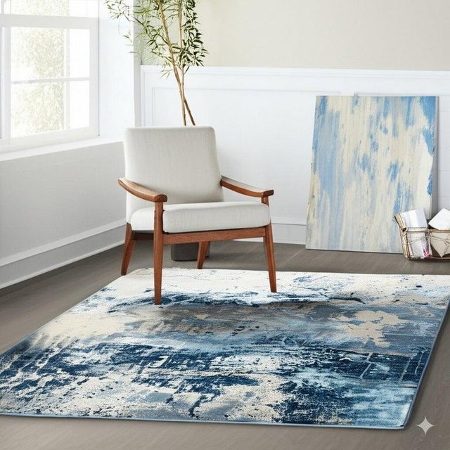 Textile 8x10 Blue Machine Made Wool Coastal Distressed Abstract Modern Carpet Rug For Sale - Image 7 of 8