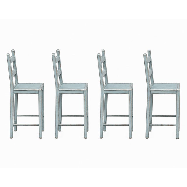 Set of 4 country French solid oak counter stools. Stools are done in a rich Antique Coastal cottage blue distressed finish...