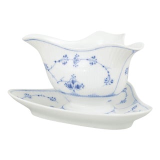 Blue Fluted Plain Porcelain Tricorn Sauce Boat from Royal Copenhagen, 1898 For Sale