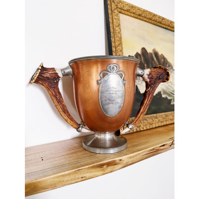 Metal Antique Copper Poultry Trophy With Deer Antler Handles For Sale - Image 7 of 10