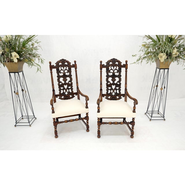 Carved Walnut Tall Backs New Upholstery Fireside Arm Side Chairs - A Pair For Sale - Image 11 of 12