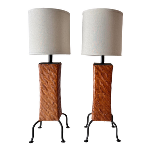 1970s Rattan and Iron Table Lamps in the Style of Paul Mayen: A Pair