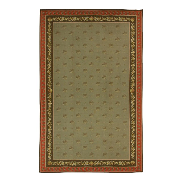 1920s Antique Arraiolos Needlepoint Rug in Olive Green With Florals, From Rug & Kilim For Sale