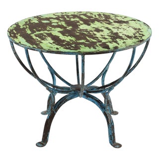 1990s Rustic Brown Wood Round End Table With Teal Iron Base – 1 Piece For Sale