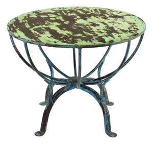 1990s Rustic Brown Wood Round End Table With Teal Iron Base – 1 Piece