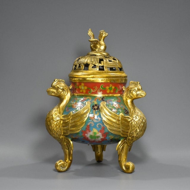 Art Deco Pure Copper Cloisonne Filigree Flying Beast Incense Burner Censer - Gilt Gold Body With Colored Enamel For Sale - Image 3 of 9