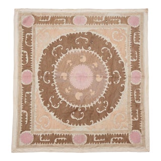 Hand-Embroidered Neutral Tan Suzani Wall Hanging Decor 5'2'' X 5'4'' For Sale