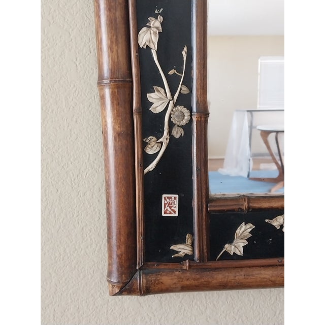 Late 19th Century Large Japanese Shibayama-Style Black Lacquer Mirror With Faux-Bamboo Frame For Sale - Image 11 of 13