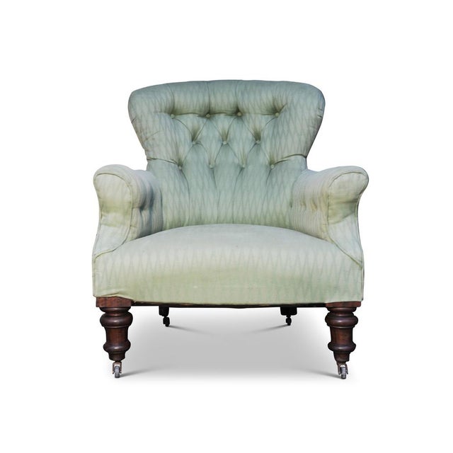 Victorian Green Button-Tufted Armchair with Mahogany Legs and Porcelain Castors in the style of Howard and Sons, 1890s For Sale - Image 6 of 6