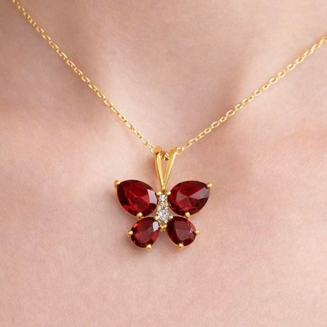 Garnet Butterfly Pendant Necklace | Natural Garnet & CZ Diamond Gold Pendant Delicate yet striking, this butterfly garnet...