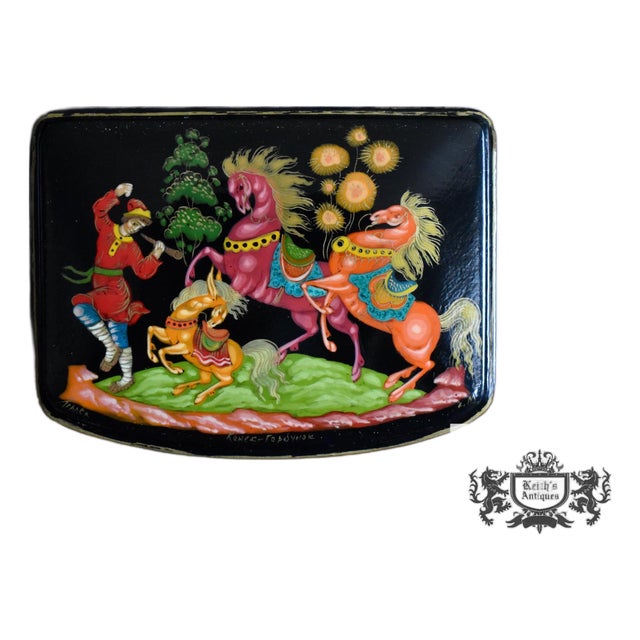 Vintage Russian Palekh Lacquer Box Humpbacked Horse Signed Hand Painted Art For Sale
