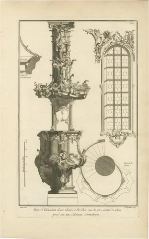 Baroque Pulpit Design with Corinthian Column and Staircase Plan, 1740, Print