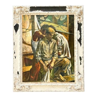 Vintage Canvas Painting of Men at Work For Sale