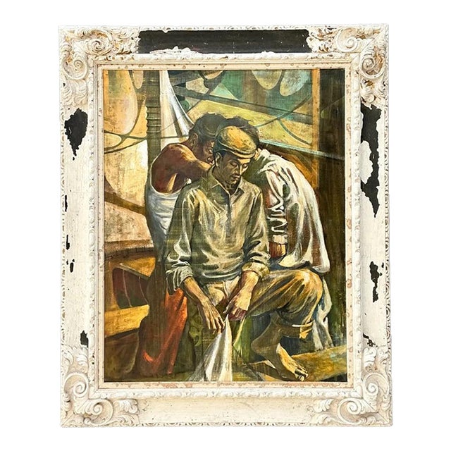 Vintage Canvas Painting of Men at Work For Sale