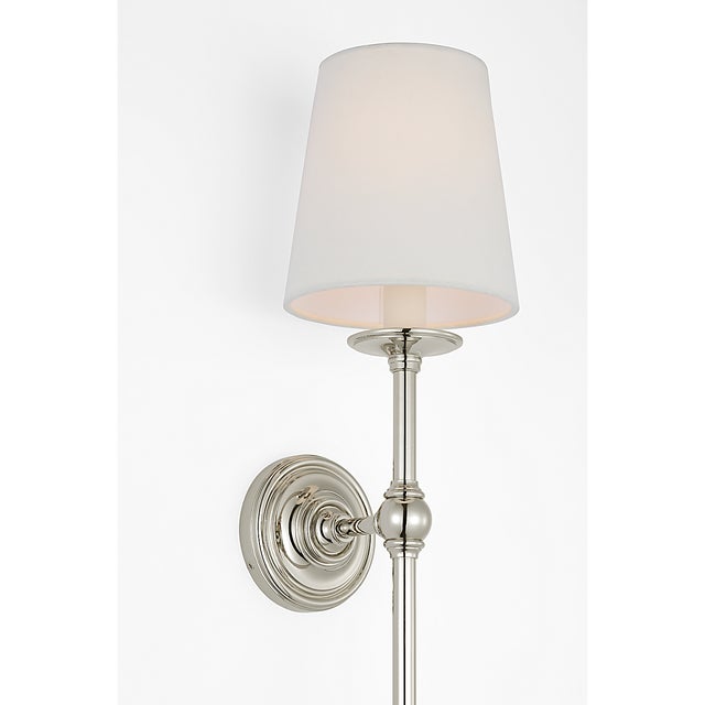 Classic 27" Tail Sconce in Polished Nickel with Linen Shade Designer: Chapman & Myers Finish: Polished Nickel Height:...