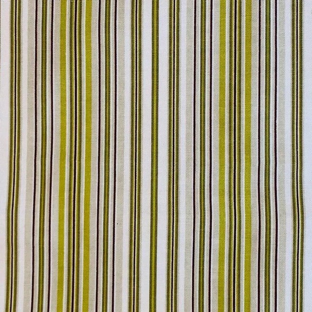 Premier Prints MM Designs Brown Green & Ivory Awning Pin Ticking Stripe Fabric Sample For Sale