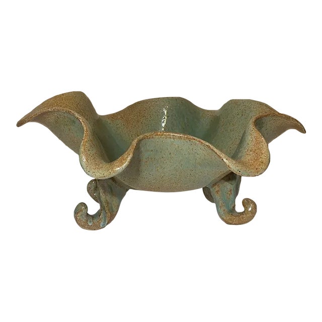 Studio Pottery Stoneware Large Wave Edge Footed Bowl 15.5” For Sale