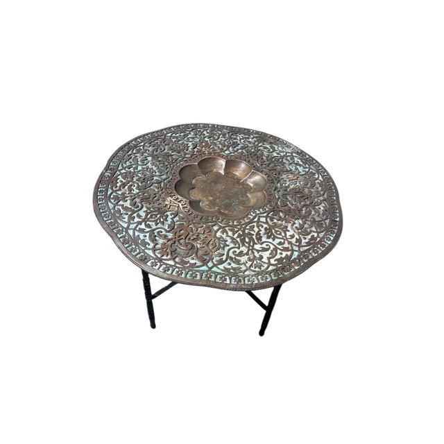 Early 20th Century Beaten Brass Tea Table With Carved Base by Jaypore For Sale - Image 4 of 8