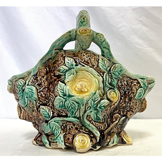 Vintage Italian Majolica Faux Bois Birds Nest Ceramic Basket Vase For Sale - Image 4 of 12
