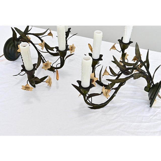 Vintage Italian Tole Floral Wall Sconces - a Pair For Sale In Baton Rouge - Image 6 of 11